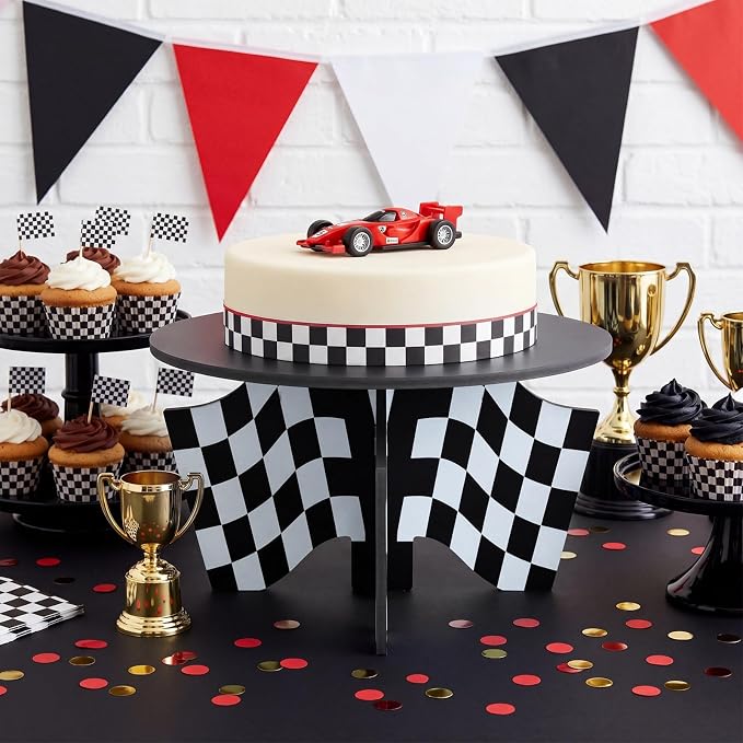 Lallisa 12" Racing Car Theme Cake Stand Black 3D Racing Party Decorations with Black and White Checkered Flag Base PVC Dessert Holder Centerpieces for Two Fast Theme Birthday Party Supplies