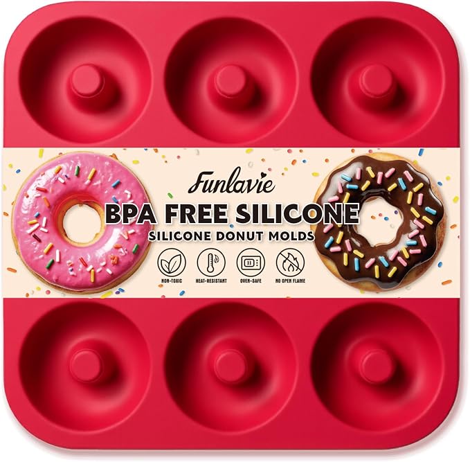 Large Silicone Donut Pan for Baking, 9 Cavity Non-Stick Food Grade Silicone Donut Molds, Doughnut Pan and Bagel Pans for Baking & Kitchen, BPA Free 11.2 x 11.1 Inches, Dishwasher Safe - Bright Red