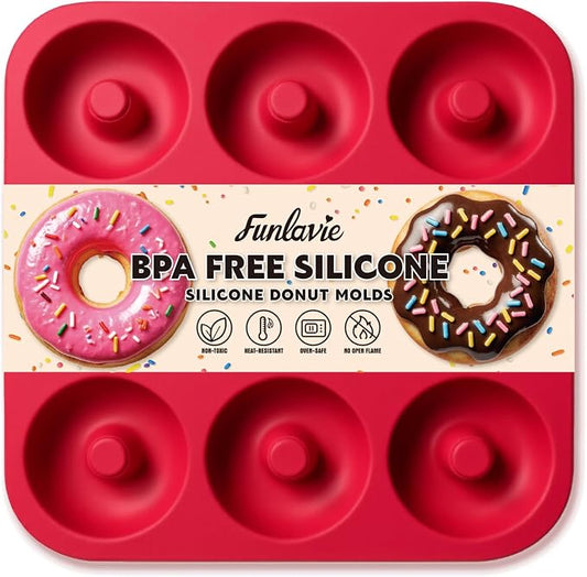 Large Silicone Donut Pan for Baking, 9 Cavity Non-Stick Food Grade Silicone Donut Molds, Doughnut Pan and Bagel Pans for Baking & Kitchen, BPA Free 11.2 x 11.1 Inches, Dishwasher Safe - Bright Red