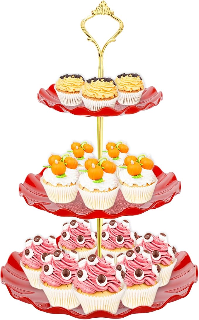 BACUTHY 3 Tier Cupcake Stand Holder, Plastic Cup Cake Stand Tower with Tiered Serving Tray for Cupcakes, Donuts, Fruits and More, Red