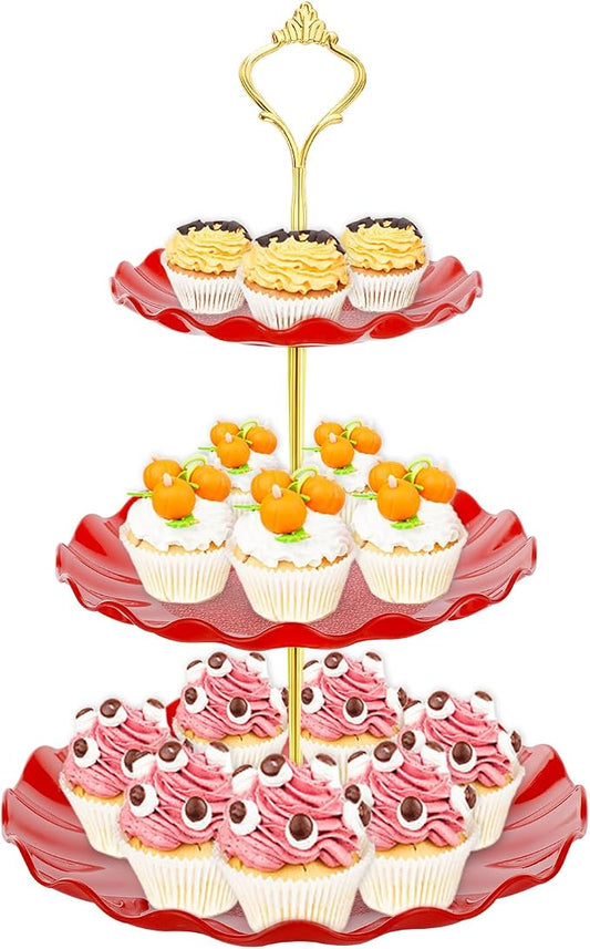 BACUTHY 3 Tier Cupcake Stand Holder, Plastic Cup Cake Stand Tower with Tiered Serving Tray for Cupcakes, Donuts, Fruits and More, Red