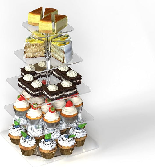 5-Tier Rotating Cupcake Stand, Clear Acrylic 360° Spinning Dessert Display Tower for Cakes & Pastries, Serving Stand for Weddings, Birthdays, Parties - Square