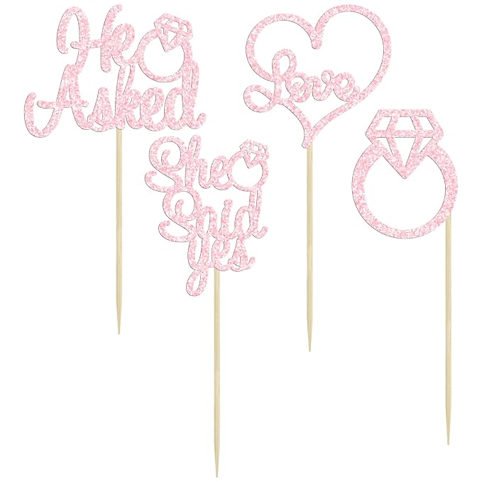 Gyufise 24 Pack He Asked She Said Yes Cupcake Toppers Light Pink Glitter Heart Ring Cupcake Picks Wedding Engagement Bridal Shower Party Cake Decorations Supplies