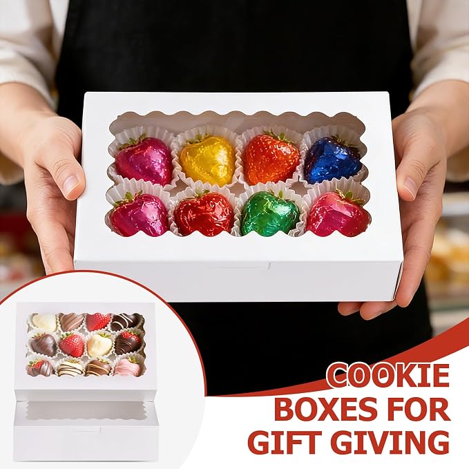 20pcs Cookie Boxes with Window, 9x6x2.5 Inches White Bakery Boxes for Dessert, Treat, Pastry, Donut, Chocolate Covered Strawberry - Baked Goods Packaging for Holiday Gift Giving