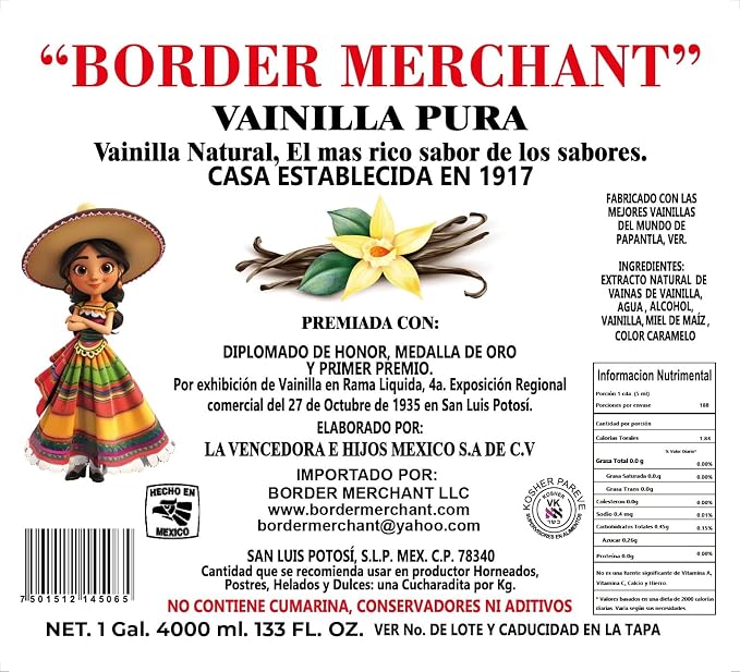 Border Merchant Vainilla Pura Mexicana Authentic Mexican Pure Vanilla Extract 1 Gal.