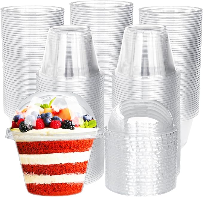 Tiaiidi 100 Pack 6 oz Plastic Dessert Cups,Disposable Parfait Cups with Dome Lids (No Hole),Clear Plastic Party Cups for Fruit,Ice Cream,Yogurt,Cold Drinks,Cupcake,Snack