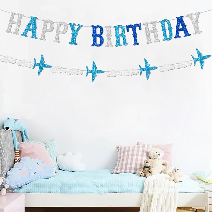 Zwiebeco Blue White Silver Happy Birthday Banner Sign Airplane Clouds Theme Hanging Paper Party Decorations for Babys Kids Boys Girls Children's Accessories Supplies