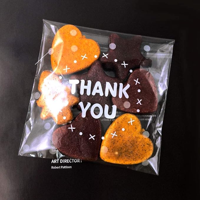 200pcs Clear Self-Adhesive Treat Bags – Cellophane Cookie & Candy Bags with “THANK YOU” Design for Bakery & Party Favors (5.5” x 5.5”)