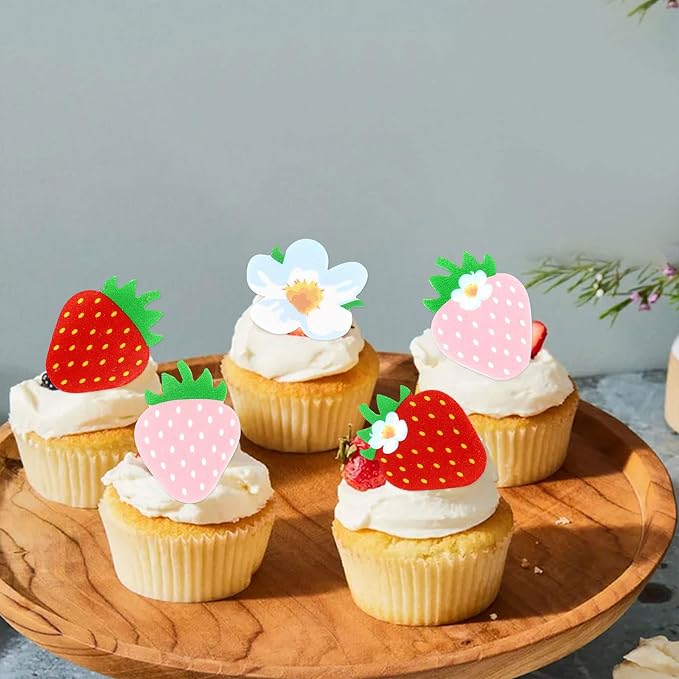40Pcs Edible Pink Strawberry Cupcake Toppers Red Starwberry Flowers Cupcake Picks Strawberries Drink Toppers for Baby Shower Boys Girls Birthday Cake Decors Sweet Fruit Party Decorations