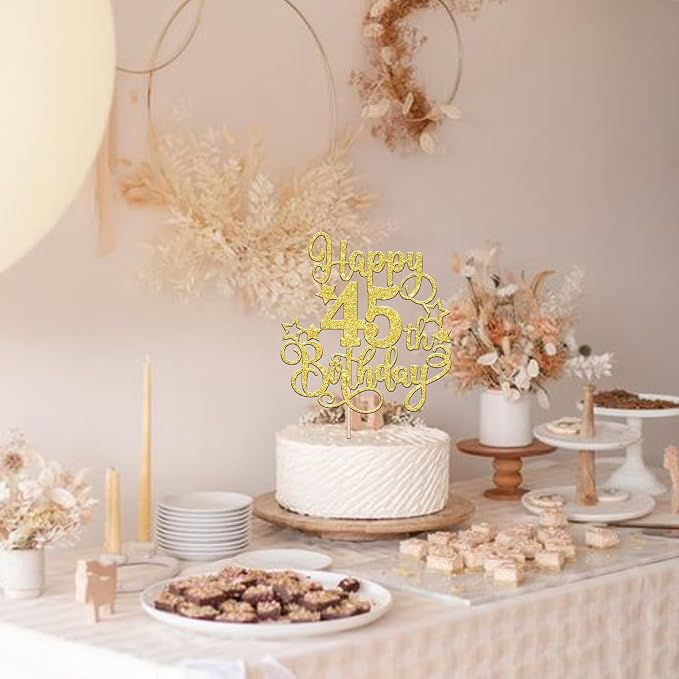 1 PCS Happy 45th Birthday Cake Topper Glitter Cheers to 45 Years Birthday Cake Pick Hello 45 Fabulous Cake Decoration for Happy 45th Birthday Anniversary Party Decorations Supplies Gold