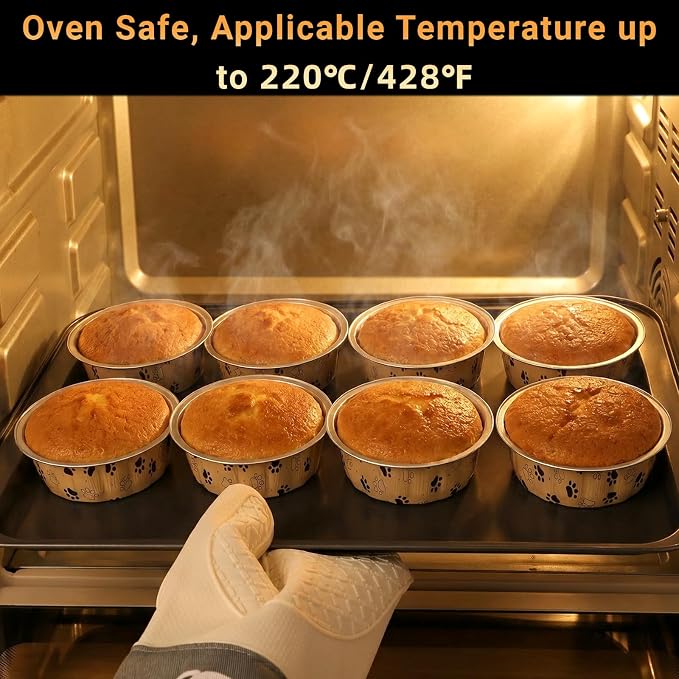 Beasea Disposable Ramekins with Lids, 50 Pack 8oz Aluminum Cups for Baking, Cute Aluminum Foil Ramekins Creme Brulee Muffin Cupcake Mini Pudding Baking Cups for Party Birthday - Cat Claws