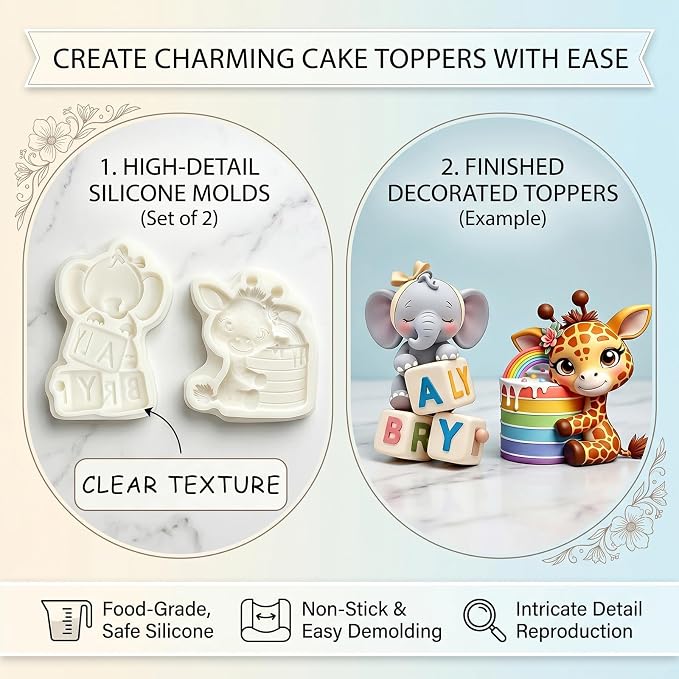 2Pcs 3D Elephant Giraffe Silicone Molds, Jungle Animal Cake Decorating Fondant Molds for Cake Decorating, Gum Paste, Birthday, Chocolate, Candy, Resin, Flexible Paste Pastry Baking Tool