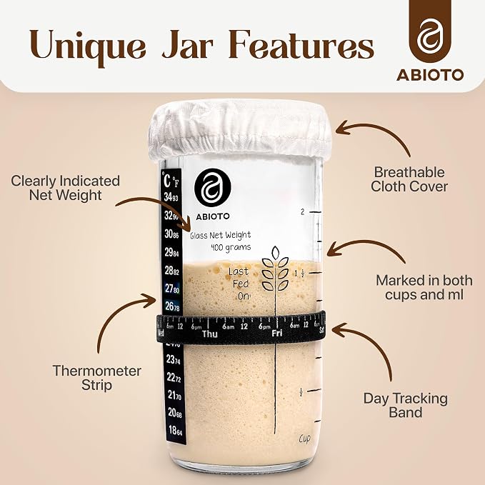 ABIOTO Sourdough Starter Kit, Includes 24 oz Sourdough Starter Jar with Metallic Lid, Silicone Spatula, Feeding Tracker, Extra Thermometer Strips & Breathable Covers - Sourdough Bread Starter Kit