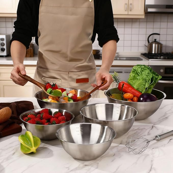 Honeydak 8 Pack Stainless Steel Mixing Bowls Set Nesting Bowls with Scale Includes 1.3, 1.7, 2.6, and 3.2 Qt Meal Prep Bowl Stainless Steel Salad Bowl Dishwasher Safe for Baking Cooking Prepping