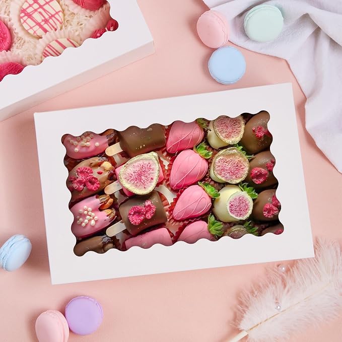 30 Pack Auto Pop-up Cookie Boxes with Window, 12" x 8" x 2.5", White | Bakery Treat Boxes, For Chocolate Covered Strawberries, Cake Pops, Donuts, Cocoa Bombs, Sugar Cookies, Pastries