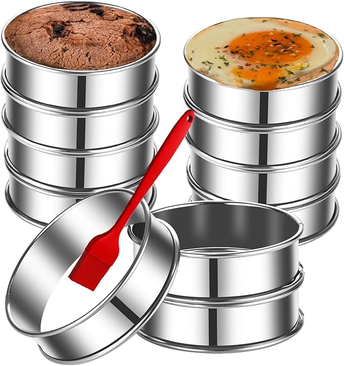 DATANYA 12Packs 4 Inch English Muffin Rings Crumpet Rings Stainless Steel Double Rolled Tart Rings, Round Metal Cooking Pastry Ring Molds for Crumpets baking