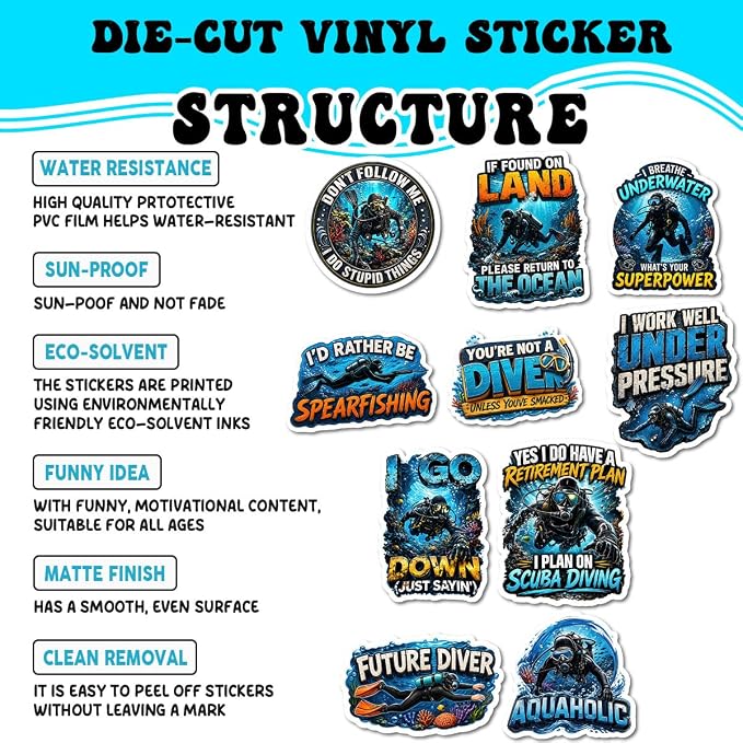 10pcs Suba Diving Stickers for Scrapbook Cartoon Stickers for Water Bottles Vinyl Decals for Kids Teens Laptop Notebook Phone Luggage Skateboard Bike Guitar Helmet