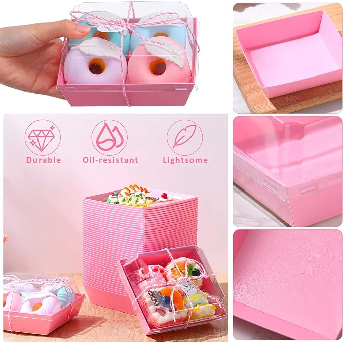 Outus 100 Pack Charcuterie Boxes with Clear Lids, Paper Dessert Boxes to Go with Gift Tags Rope Disposable Party Favor Treat Food Containers for Cookies, Donuts, Muffins, Salad, and Pastry