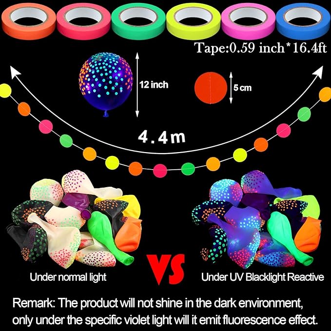 Skylety 32 Pcs Glow in The Dark Party Supplies Neon Party Favors with 25 Fluorescent Balloon 6 Rolls 98.4 ft UV Blacklight Luminous Tape 14.4 ft Neon Streamer Garland for Adults(Classic Dot)