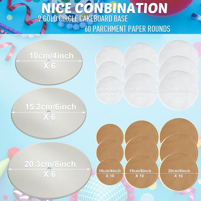 Patelai 89 Pcs Cake Tiered Stacking Kit 8,6,4 Inch Silver Round Cake Boards with Parchment Paper Round and Plastic Dowel Rods for Stacking Support Decorating Supplies