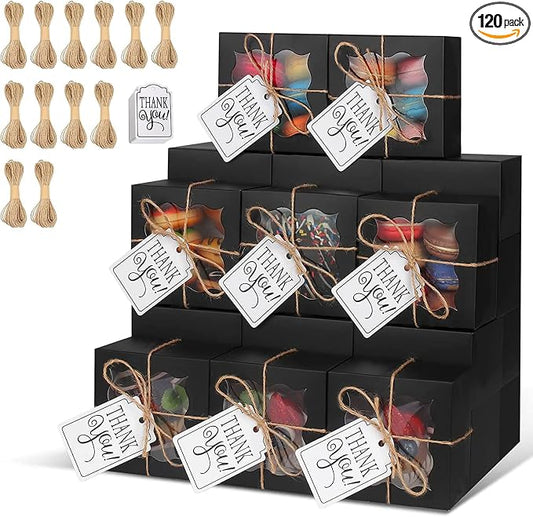 KPOSIYA 120 Pcs Black Bakery Boxes with Window Individual Cupcake Boxes 4x4x2.5 Inches Cookie Boxes Kraft Paper Black Gift Box for Pastries, Cookies, Pie, Donuts, Macaroon