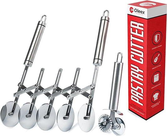 Oleex ‘All-Dough’ Pastry Cutter Set. 5 Wheel Dough Cutter and Dual Fluted Ravioli Cutter Wheel/Pizza Cutter Wheel! Versatile Brownie Cutter, Pasta Maker, Noodle Cutter, Stainless Steel Pizza Slicer