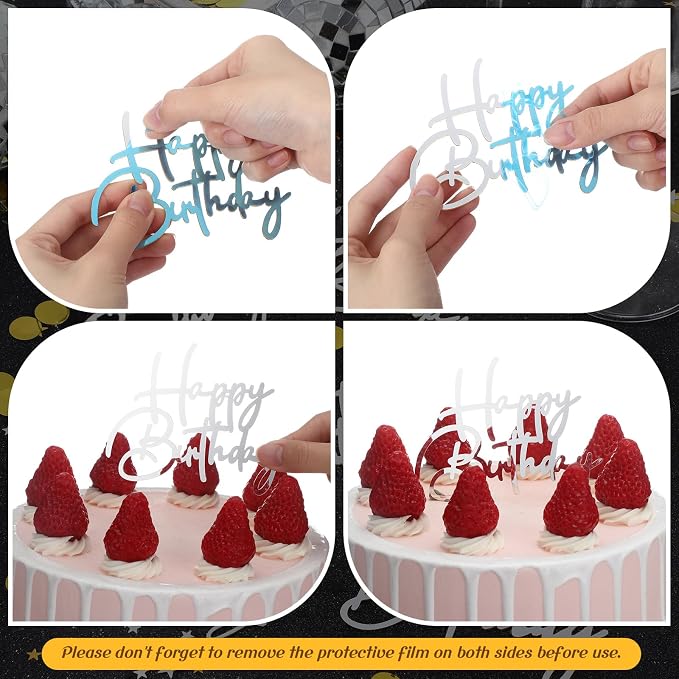 Barydat 24 Pieces Silver Happy Birthday Cake Toppers Mirror Acrylic Cupcake Topper Happy Birthday Sign for Cake Side Cupcake Decorations, 6 Styles