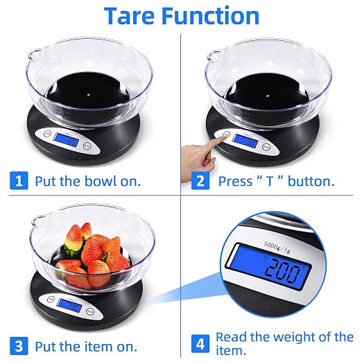 THINKSCALE Digital Kitchen Scale, 11lb/5kg Food Scale with Bowl, Digital Grams and Ounces for Weight Loss, Dieting, Baking, Cooking, and Meal Prep, Backlit Display