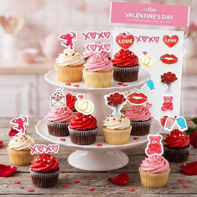 65PCS Valentine's Day Edible Cupcake Toppers & Cake Decorations Romantic Wafer Paper Assortment with Hearts, Cupid Flowers for Anniversary & Wedding Party Desserts