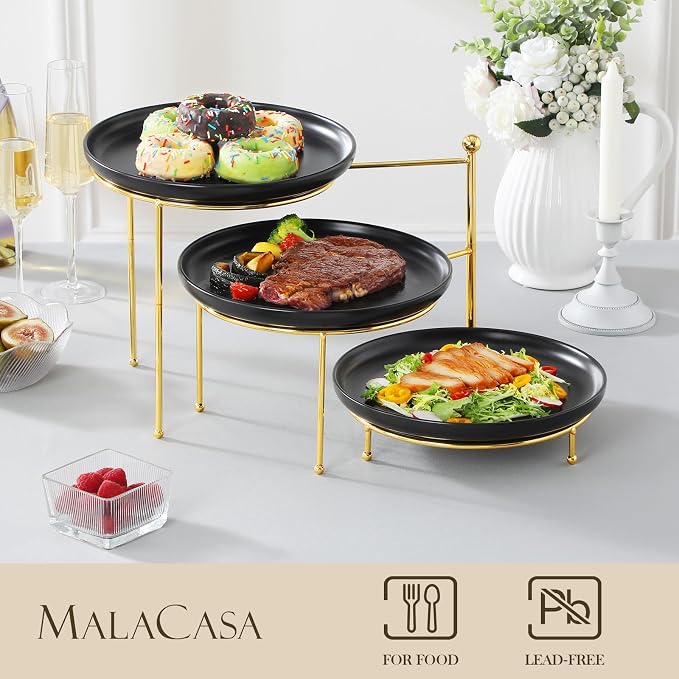 MALACASA Black 3 Tier Serving Tray Stand with Gold Rack, 10 Inch Porcelain Tiered Dessert Stand, Cupcake Fruit Display Tower, Serving Platters for Party, Appetizer Tray, Dessert Table Display