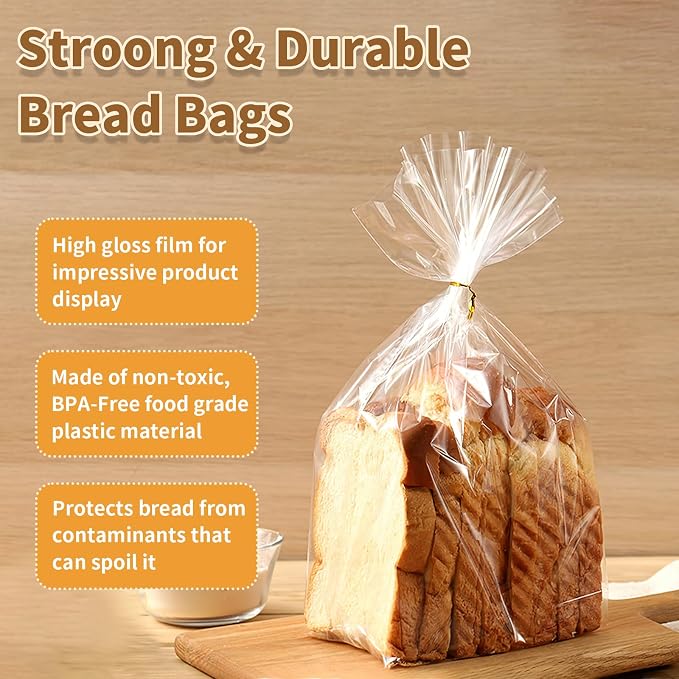 Bread Bags with Ties, 100 Clear Bread Bags for Homemade Bread and 100 Ties, Adjustable Reusable Plastic Bread Bags, Bread Loaf Bags for Home Bakers and Bakery Owners