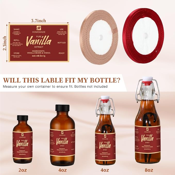 Fulmoon 24 Pcs Vanilla Extract Labels Homemade Vanilla Extract Stickers Bottle Labels with Ribbon Gift Stickers for 4oz, 8oz Handcrafted Bottles Wedding Gifts(Retro)