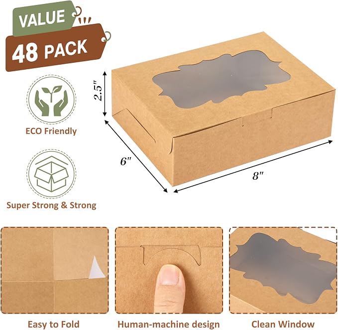 TOMNK 48pcs 8x6x2.5 Inches Cookie Boxes, Treat Boxes with 3 Style Window, for Chocolate Strawberries Muffins Donuts and Party Favor