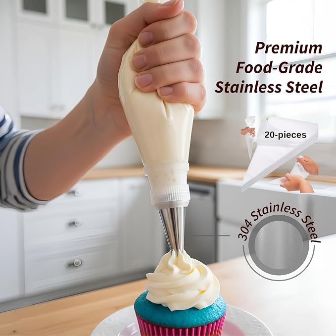 Piping Bags and Tips Set, Piping Tips, 20 Piping Tips, Stainless Stell Machine Washable For Chefs and Kitchens Whipped Cream Tip Set (6-Piece)