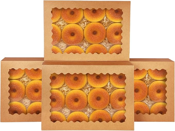 qiqee Auto-pop Up Brown Cookie Box with Window 14x10x2.5 inch 24Pcs Bakery Pastry Macaron Bakery Box For Packaging