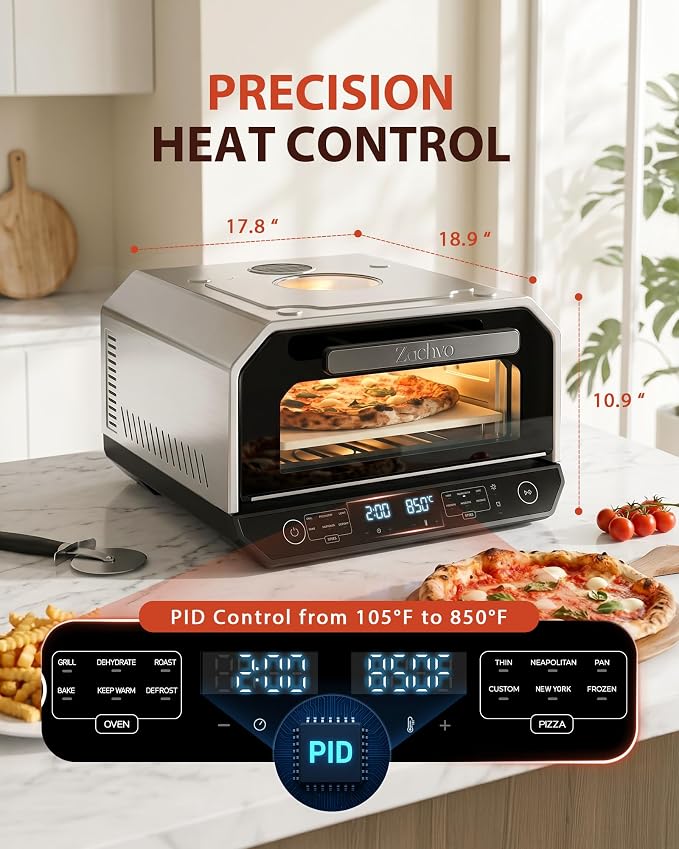 13-in-1 Countertop Pizza Oven, 90-Second 12 Inch Pizza, up to 850°F, 6 Presets & 6 Bake Modes, PID Control, Expert Mode Makes 5 in 30 Min for Home Pizzeria, Top Window & On-Demand Light, Silver