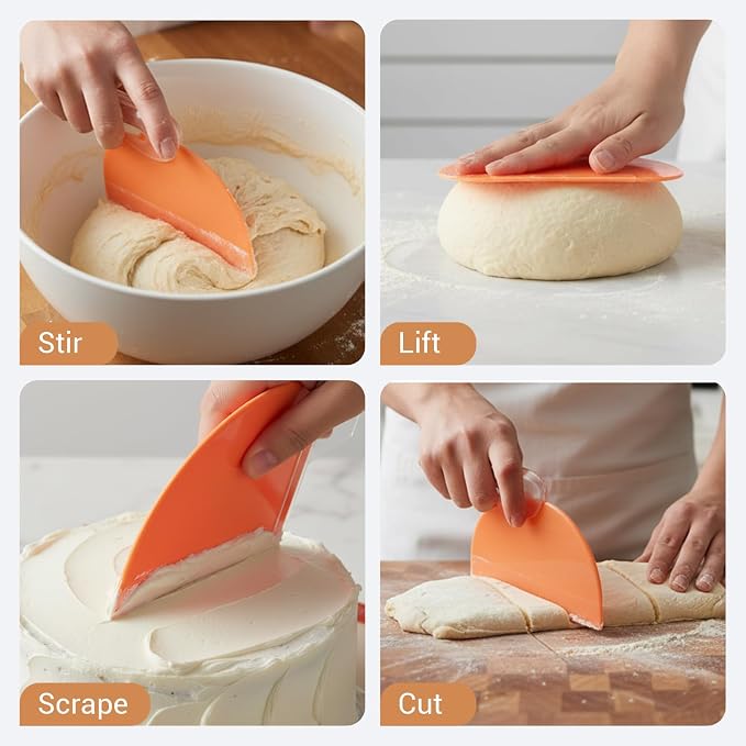 3PCS Dough Scraper Set, Plastic Flexible Bread Dough Scraper Tool | Bowl Scraper with Curved Edge, Kitchen Bench Scrapers for Bread Sourdough Cake Batter Pastry Cheese, Orange
