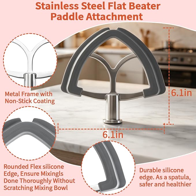 Stainless Steel Flat Beater for KitchenAid 4.5-5 Qt Tilt-Head Stand Mixer, Flex Edge Paddle Attachment with Silicone Scraper, Fits KitchenAid Mixer Accessories & Attachments, Dishwasher Safe