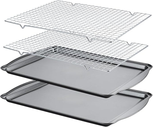 Baking Sheet with Cooling Racks - 17'' x 11" x 0.5" Carbon Steel Cookie Sheets for Baking [2 Sheets + 2 Racks], Nonstick Baking Pans, Perfect for Baking, Roasting, and More