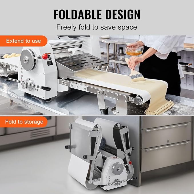 VEVOR Commercial Dough Sheeter Machine, 19.7-Inch Reversible Puff Pastry Sheeter and Fondant Roller, Electric Dough Roller 0-1.4" Adjustable Thickness, Folding Dough Sheeter for Bakeries, Pastries