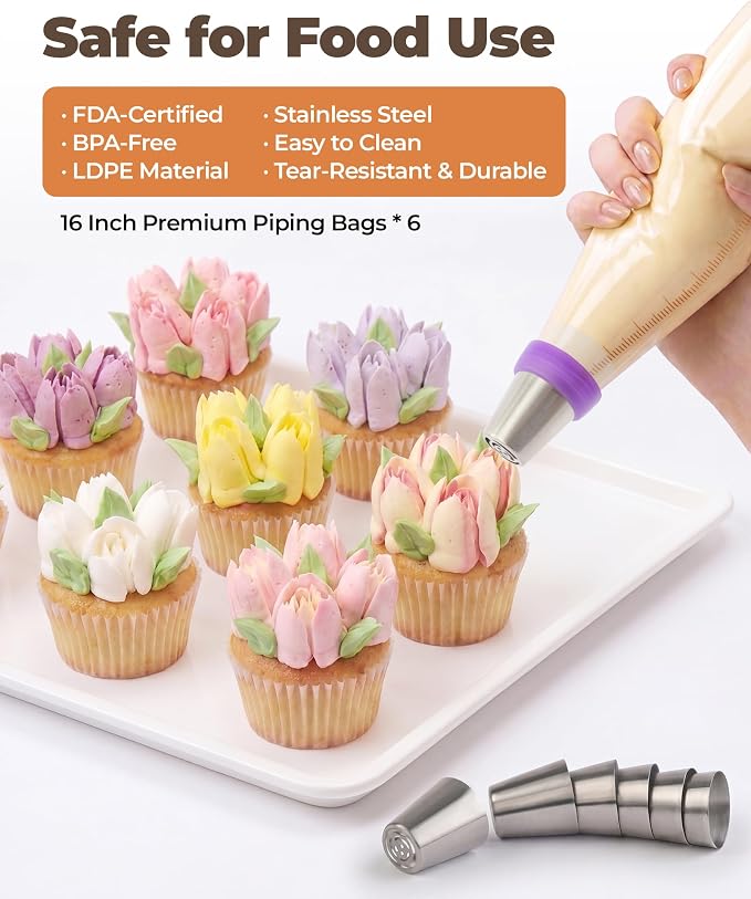 Bake Choice 46 Pcs Russian Piping Tips Set, Upgraded Piping Bags and Tips Set, Cake Decorating Kit with 6 Russian Piping Tip, 2 Leaf Piping Tip, 2 Couplers, 36 Piping Bags for Cupcake, Cookie, Baking