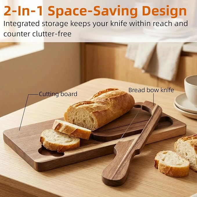 Bread Bow Knife and Board Set - Double-Sided Sourdough Bread Slicer with Spare Stainless Steel Blade & Integrated Storage, Space-Saving Bread Knife for Homemade Bread, Bagels, Ideal Gift for Homebaker