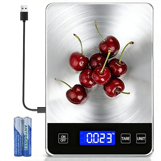 Food Kitchen Scale 15kg/33lb, Digital Grams and Ounces Scale for Weight, Baking, Cooking Platform with Type-C Rechargeable & Backup Battery Mode, 304 Stainless Steel