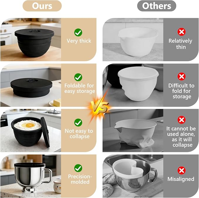 Silicone Mixing Bowl Liners Compatible with KitchenAid 5Qt Tilt-Head Stand Mixer, Food Grade Collapsible Bowl Inserts with Airtight Lids, Foldable & Reusable Mixer Accessories for Baking,Black