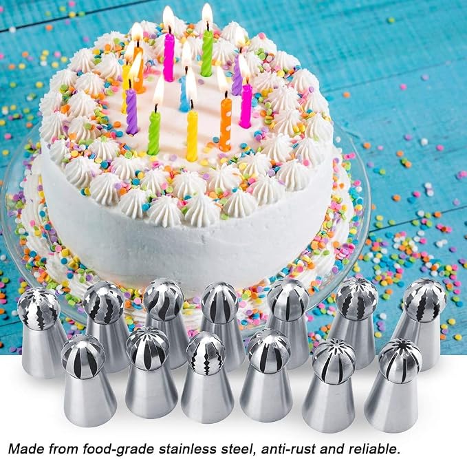 Fdit Russian Piping Tips Set, 13 Pieces, Stainless Steel, Sphere Nozzle, Cake Decorating Supplies