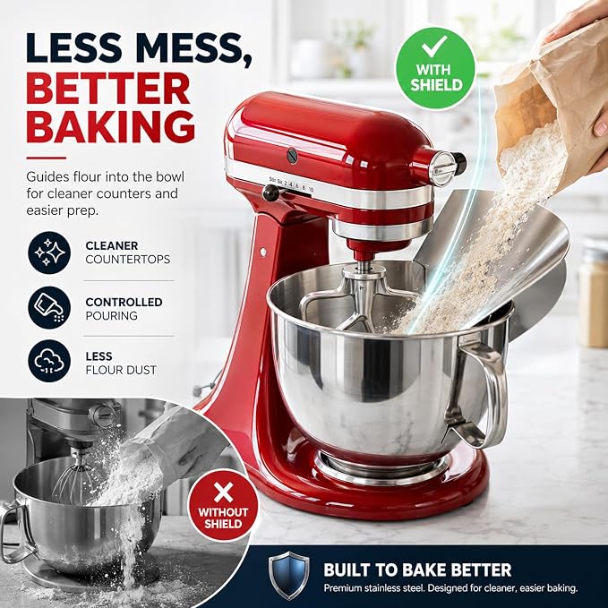 Stainless Steel Pouring Chute with Splash Guard Bowl Lid Combo, Replacement Accessories Fit KitchenAid 4.5-5 Quart Tilt Head Stand Mixer,Anti-Spill Bowl Cover & No-Mess Pour Guide Mixer Attachments