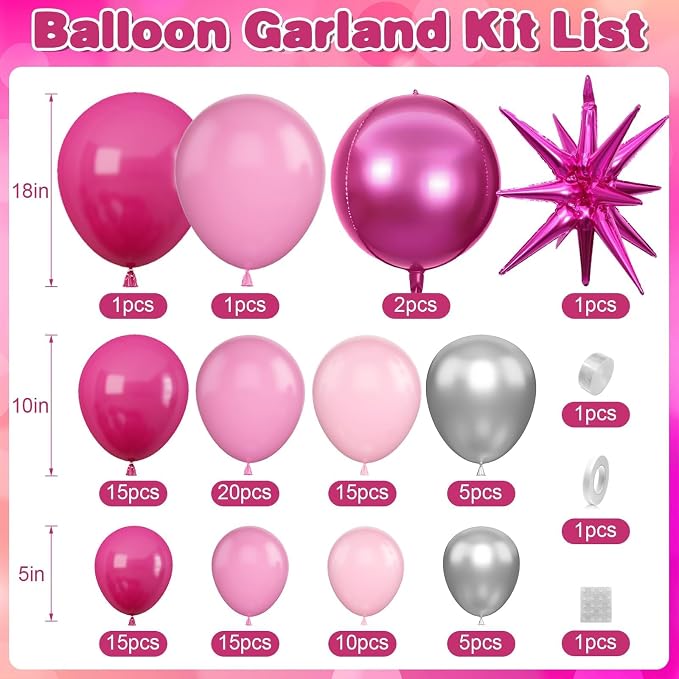 Pink Silver Balloon Arch Garland Kit with Hot Pink Star Foil Balloons 4D Round Ball Balloons for Girl Women Birthday Baby Shower Valentine's Day Party Decorations