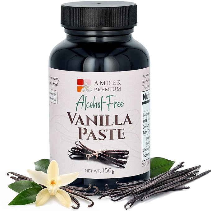Amber Premium Alcohol Free Vanilla Bean Paste 150g / 4 fl oz (US) - Made with Authentic Madagascar Vanilla Beans - Vegan, Kosher, Chef Recommended for Baking, Desserts, and Pastries