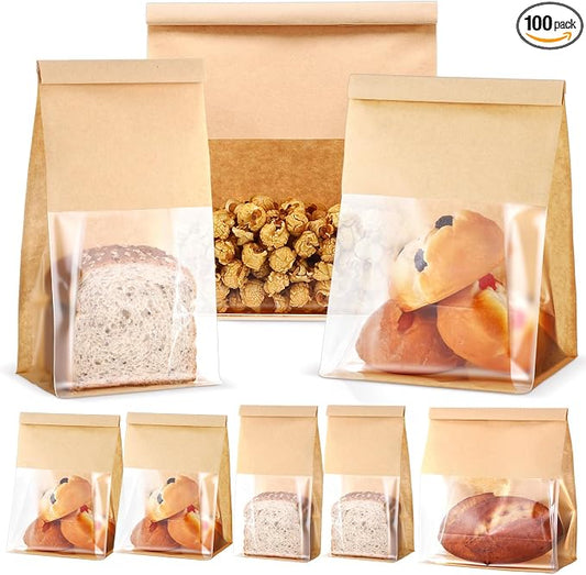 AmazingSpark 100 Pcs Paper Bread Bags with Tin Tie sourdough bread bags Storage Packing Bag with Clear Window for Gifting, Bakery (Brown)