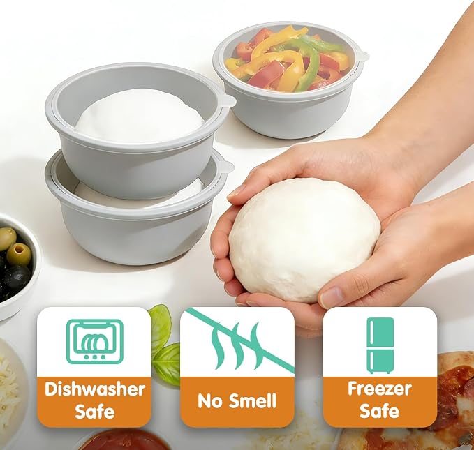 3Pcs Stackable Silicone Pizza Dough Proofing Proving Containers with Lids,Pizza Dough Proofing Box 700ml For Home Kitchen | Make 12" Pizzas (Grey)